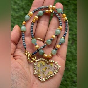 ARTISAN Hand Crafted Green Jade Lapis Lazuli Yellow Genuine Pearl Resin Heart